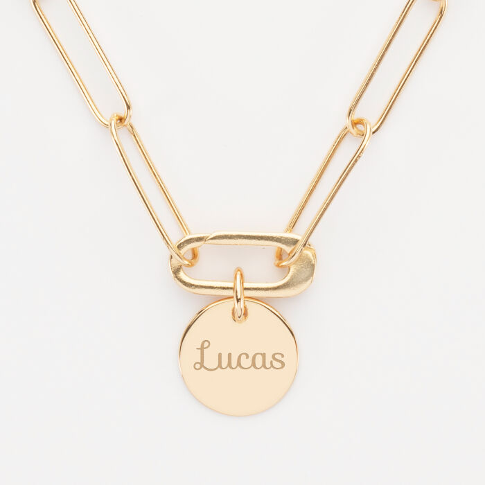 Collier personnalisé grandes mailles médaille gravée plaqué or 15 mm - prénom
