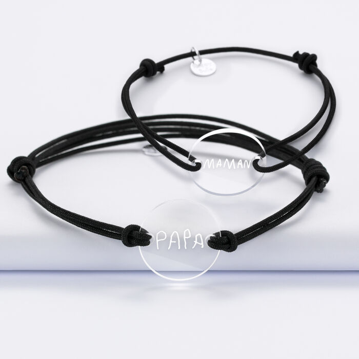 Duo de bracelets personnalisés médailles gravées acrylique rondes 2 trous 21 mm écrits