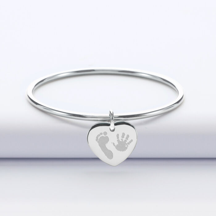 Bracelet jonc personnalisé médaille gravée acier coeur 20x20 mm - empreinte