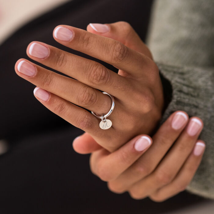 Silver ring and personalised engraved initial medallion 10mm - 1