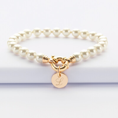 Personalized bracelet Majorca pearls clasp engraved medal gold plated 10 mm