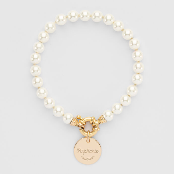 Personalized bracelet Majorca pearls clasp engraved medal gold plated 15 mm