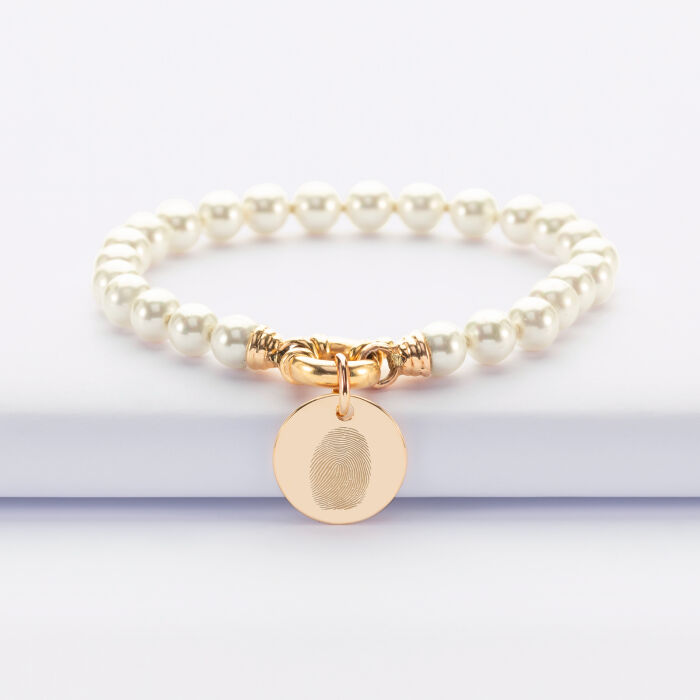 Personalized bracelet Majorca pearls clasp engraved medal gold plated 15 mm
