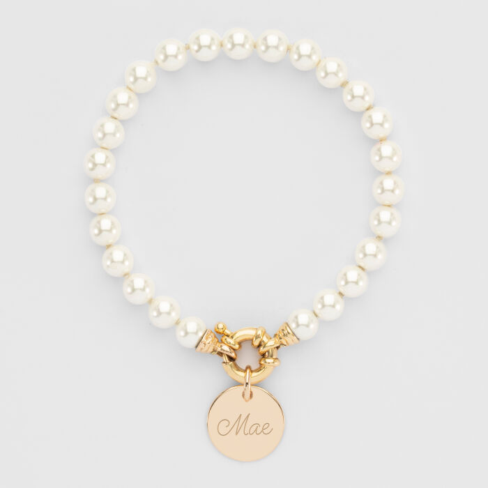 Personalized bracelet Majorca pearls clasp engraved medal gold plated 15 mm