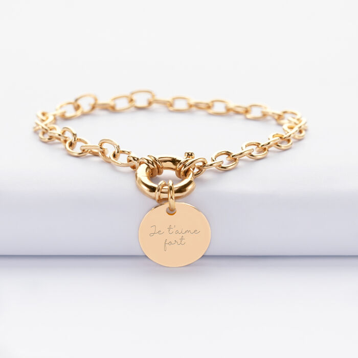 Bracelet personnalisé chaine fermoir marin médaille gravée plaqué or 15 mm - manus
