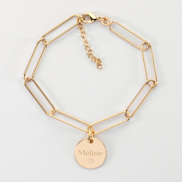 Bracelet personnalisé grandes mailles médaille gravée plaqué or 15 mm - texte picto