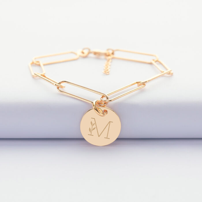Bracelet personnalisé grandes mailles médaille gravée plaqué or 15 mm - illu caligraphie