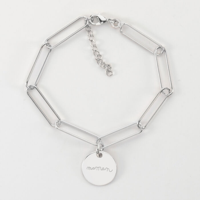 Bracelet personnalisé grandes mailles médaille gravée argent 15 mm - texte