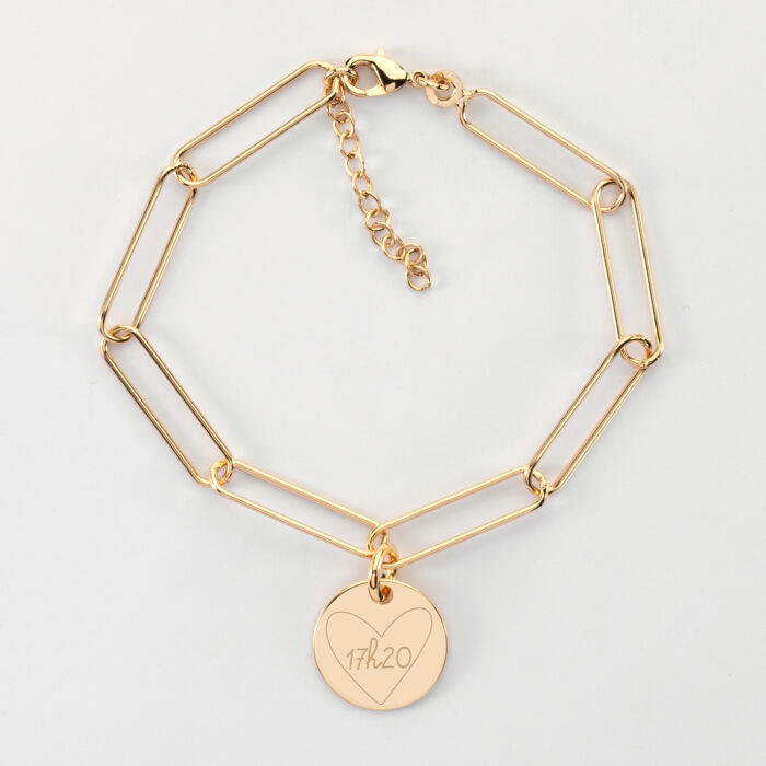 Bracelet personnalisé grandes mailles médaille gravée plaqué or 15 mm - 4