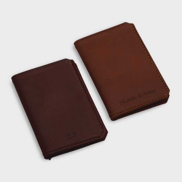 Porte-carte personnalisé double volets cuir couleur fauve 6,8x9,8cm - couleur cuir
