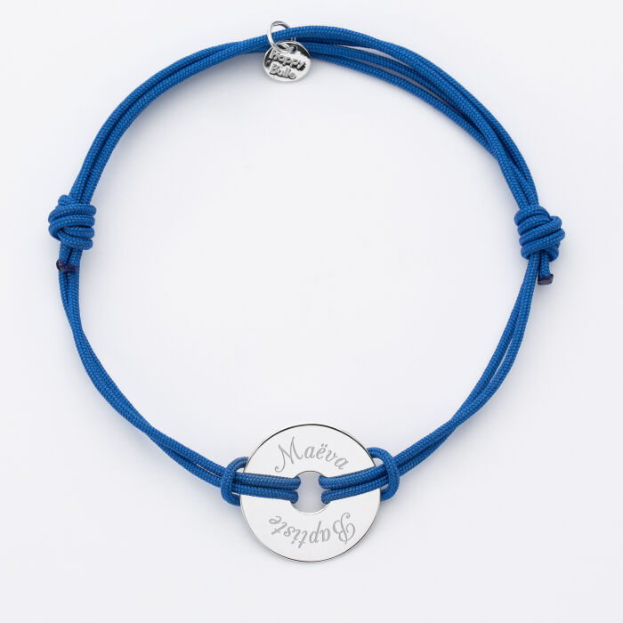 Bracelet homme personnalisé cordon double médaille gravée argent cible 20 mm  prénoms 2