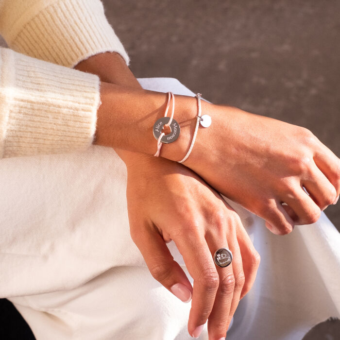 Sparkly cord bracelet with personalised engraved silver initial medallion 10 mm - 1