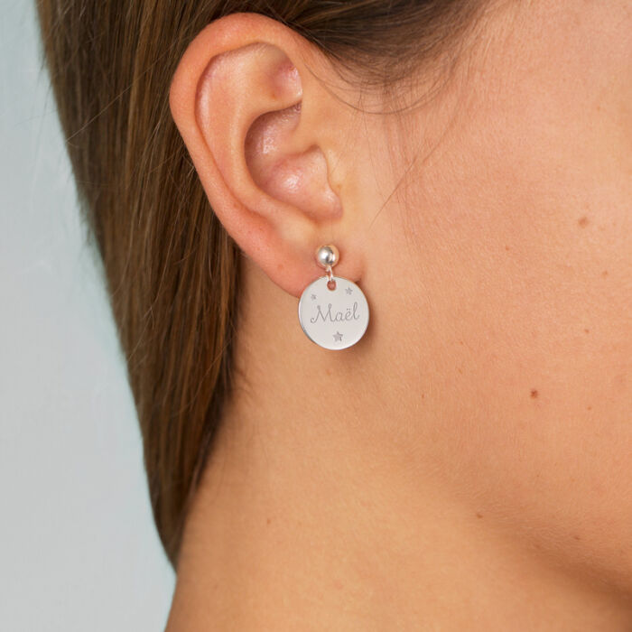 Boucles d'oreilles personnalisées gravées argent 15 mm - portée