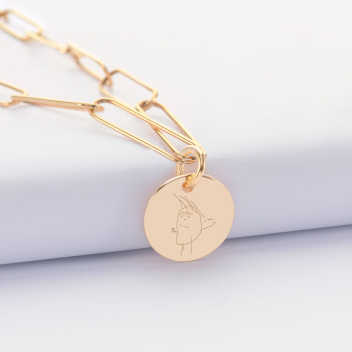 Pendentif personnalisé grandes mailles médaille gravée plaqué or 15 mm - dessin