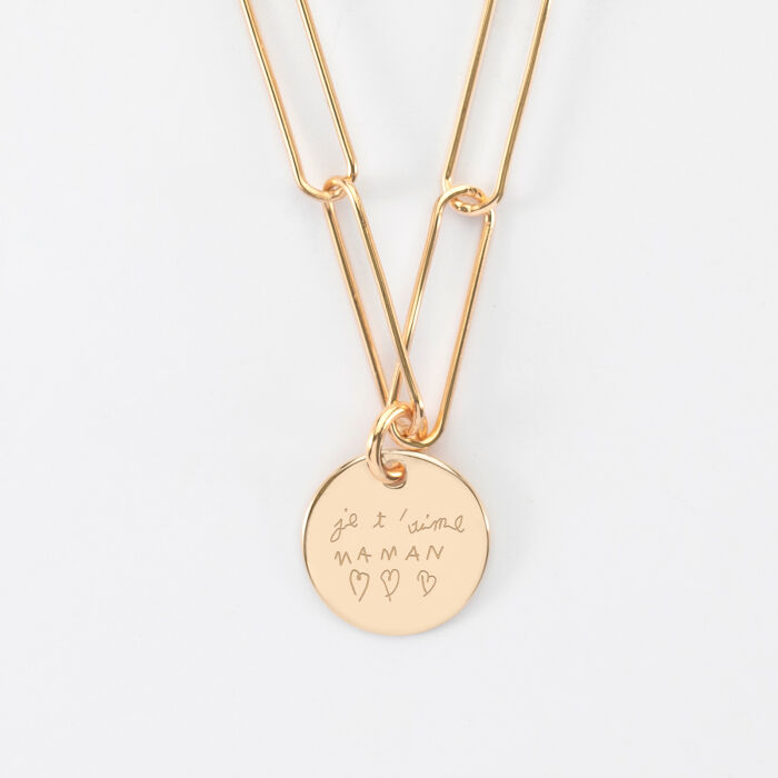 Pendentif personnalisé grandes mailles médaille gravée plaqué or 15 mm - manuscrit