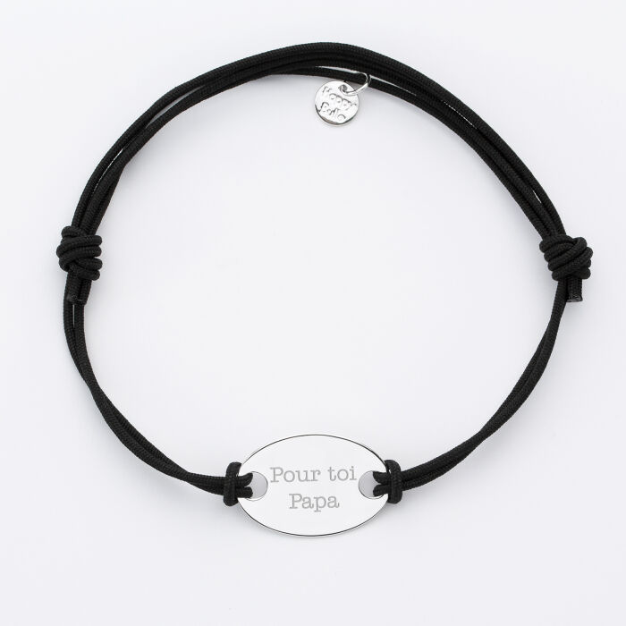 Men's double cord bracelet with personalised engraved oval silver medallion 25x16mm text