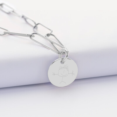 Pendentif personnalisé grandes mailles médaille gravée argent 15 mm - dessin Pendentif personnalisé grandes mailles médaille gravée argent 15 mm - dessin