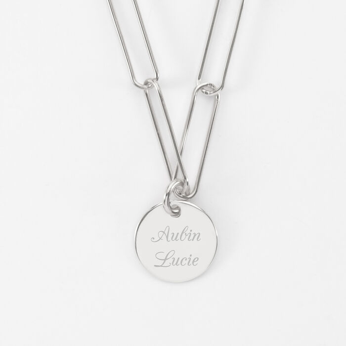 Pendentif personnalisé grandes mailles médaille gravée argent 15 mm - prénoms