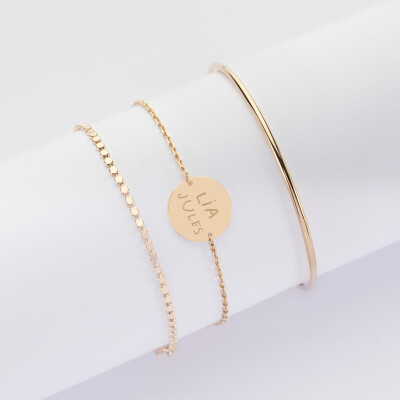 Duo personalized bracelets hammered flat band and Liberty 3 turns gold plated engraved medal clasp 15 mm