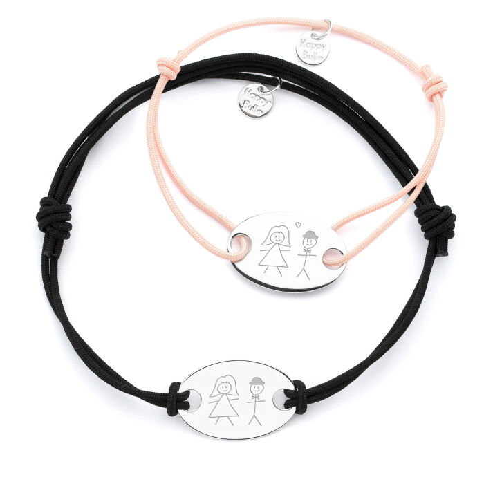 Pair of personalised bracelets with engraved 2-hole oval silver medallions 25x16mm sketches