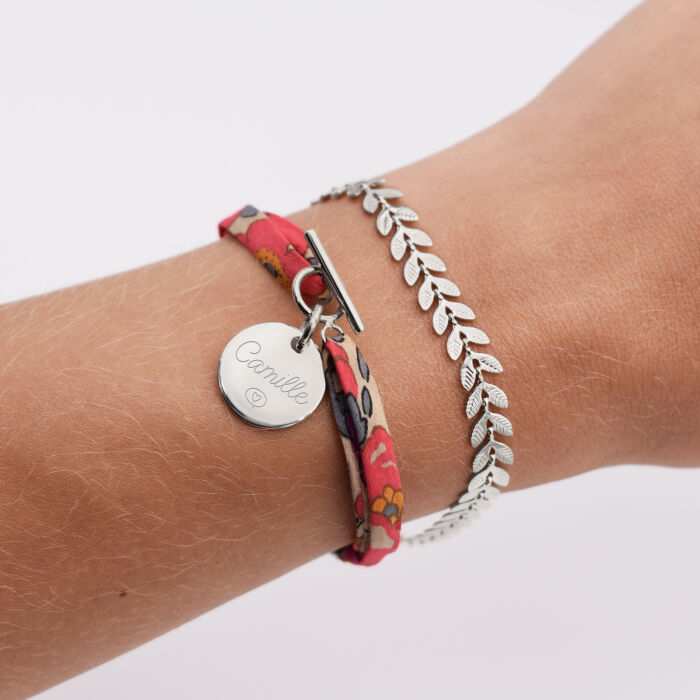 Duo bracelets personnalisés Epi et Liberty fermoir médaille gravée argent 15 mm - texte picto