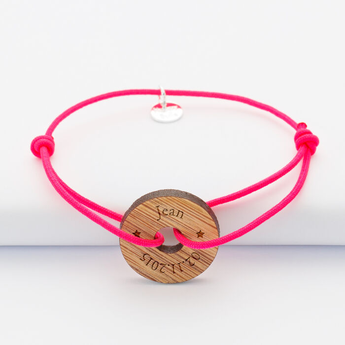 Bracelet personnalisé médaille gravée bois cible ronde 21 mm date