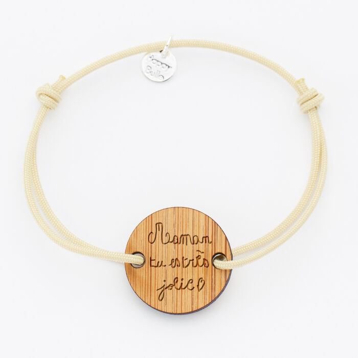 Bracelet personnalisé médaille gravée bois ronde 2 trous 21mm - écrits