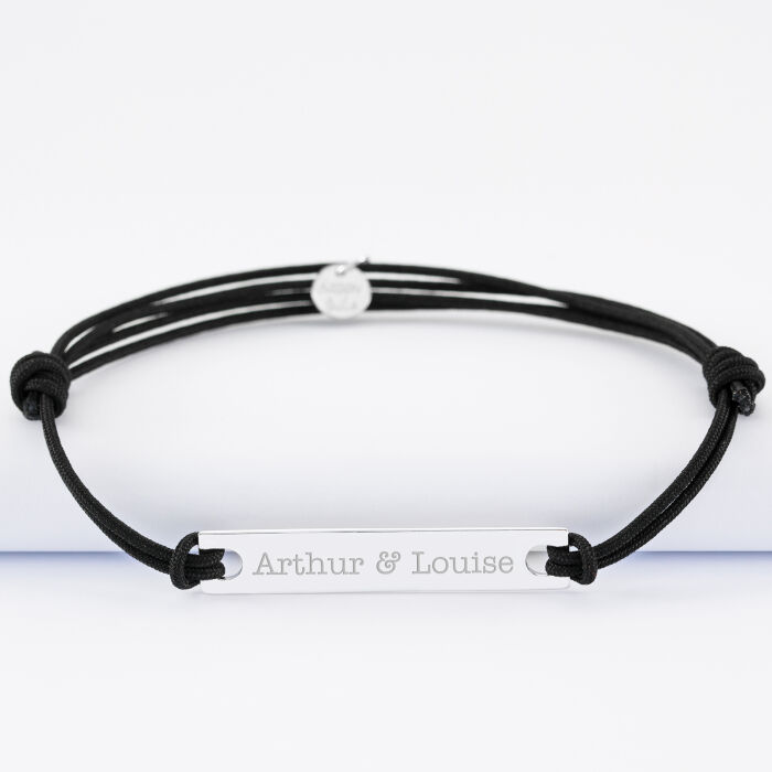 Bracelet homme personnalisé cordon doublé médaille gravée argent plaque 42x8 mm prénoms