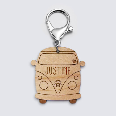 Porte-clés personnalisé médaille gravée bois Voiture Van - prénom 1