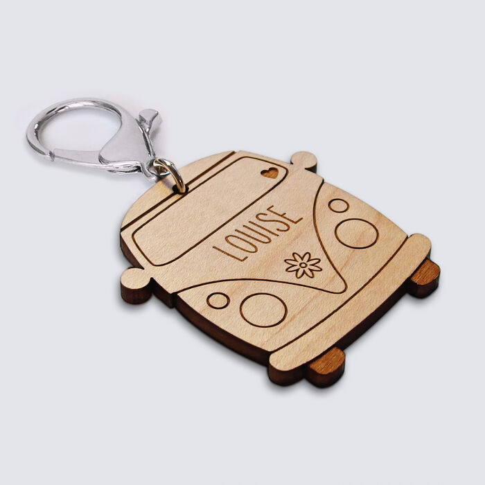 Porte-clés personnalisé médaille gravée bois Voiture Van - prénom 2