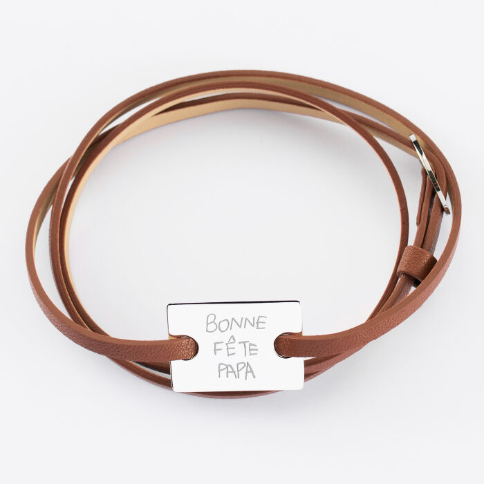 Bracelet homme personnalisé cuir médaille gravée argent rectangle 2 trous 23x16 mm écrits