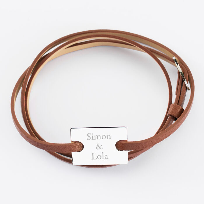 Bracelet homme personnalisé cuir médaille gravée argent rectangle 2 trous 23x16 mm prénoms