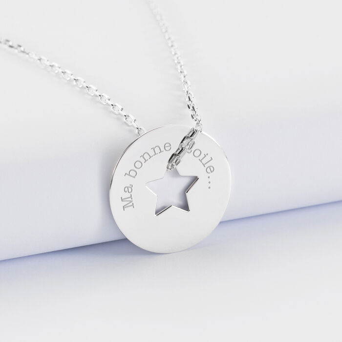 Pendentif personnalisé médaille gravée argent cible étoile 21 mm texte 2