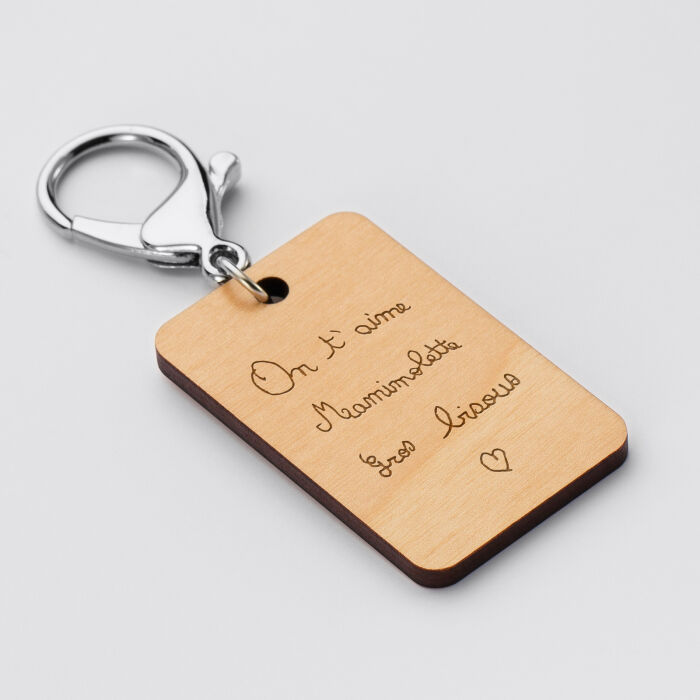 Porte clé personnalisé gravé bois médaille rectangle 55x35 mm écrits