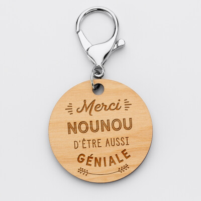 Porte-clés gravé bois médaille ronde 50 mm - Edition spéciale "Merci Nounou"
