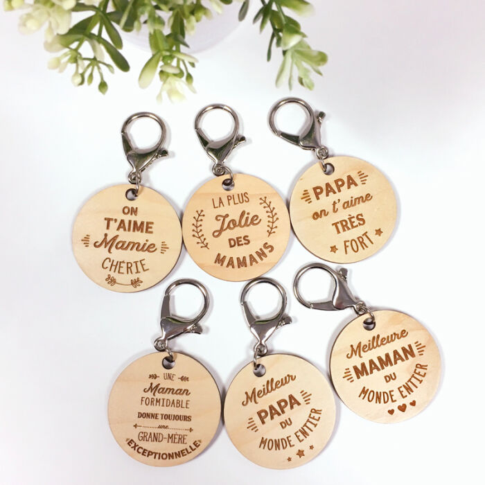 Porte-clés gravé bois médaille ronde 50 mm - Edition spéciale "Famille"
