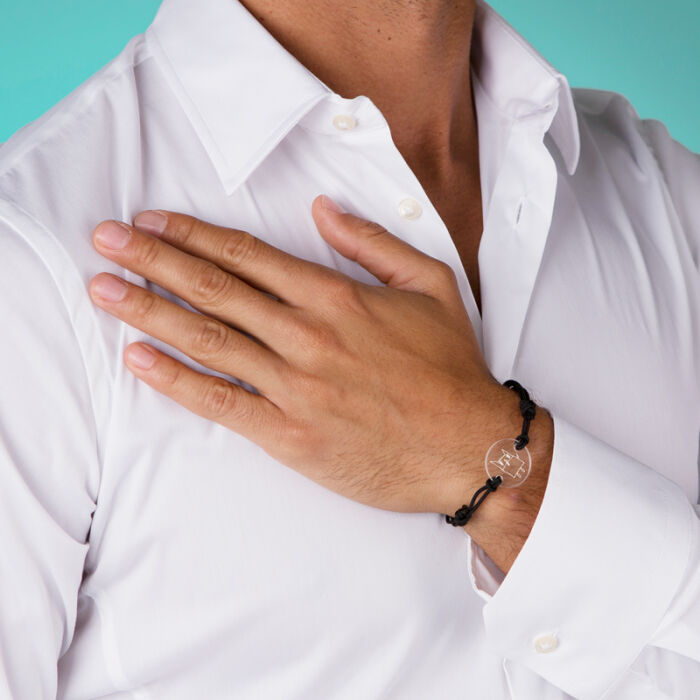 Personalised gents engraved round acrylic 2-hole medallion bracelet 21mm - worn