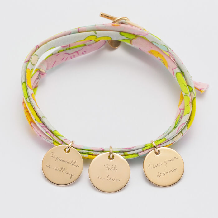 Bracelet 3 tours Liberty personnalisé 3 médailles gravées plaqué or 15 mm - texte