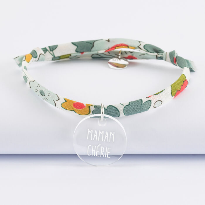 Bracelet Liberty personnalisé médaille gravée acrylique dormeuse ronde 20 mm - texte