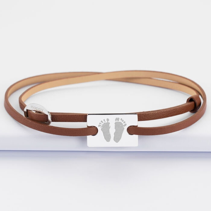 Bracelet homme personnalisé cuir médaille gravée argent rectangle 2 trous 23x16 mm empreintes