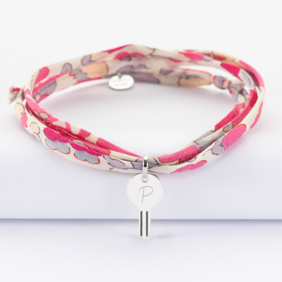 Bracelet 3 tours Liberty personnalisé médaille gravée argent clés 19x10mm - lettre P