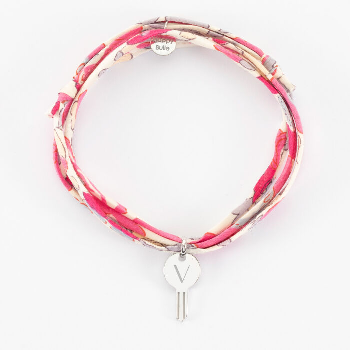 Bracelet 3 tours Liberty personnalisé médaille gravée argent clés 19x10mm - lettre V