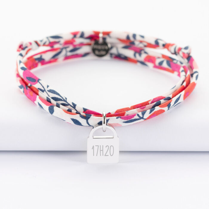 Bracelet 3 tours Liberty personnalisé médaille gravée argent cadenas 15x11mm - heure