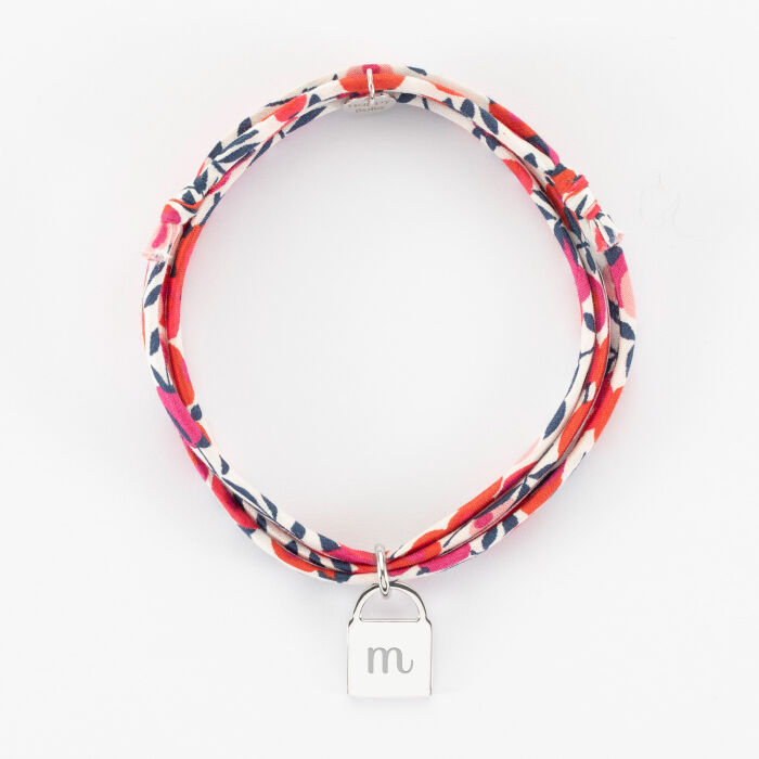 Bracelet 3 tours Liberty personnalisé médaille gravée argent cadenas 15x11mm - initiale m