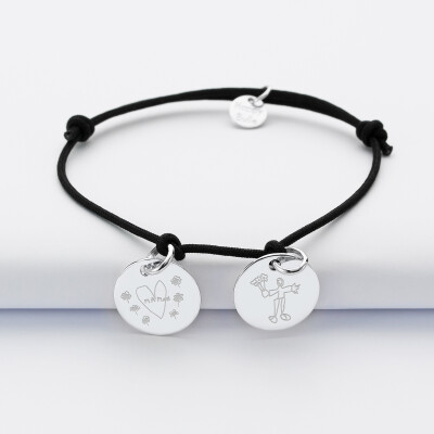 Bracelet personnalisé 2 médailles gravées argent dormeuse 15mm dessins