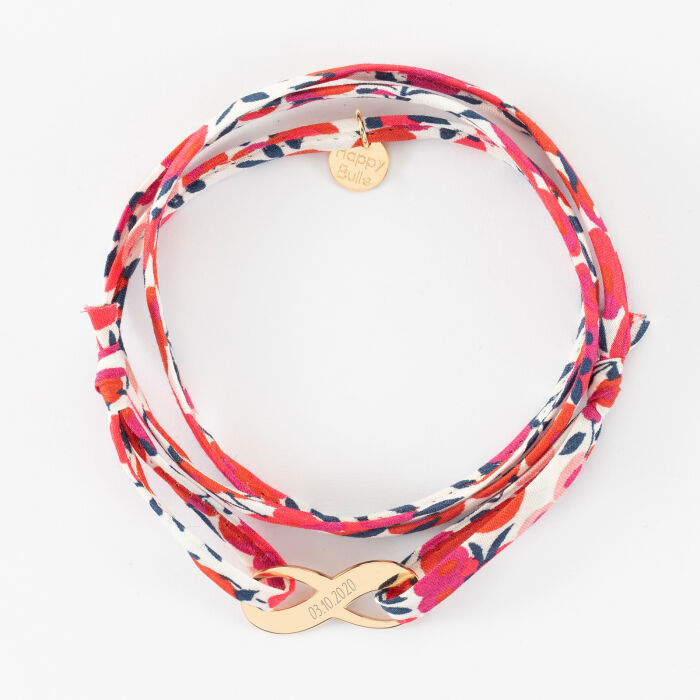 Customised Liberty 3-turn bracelet with engraved glod platedmedal infinity 23x10mm