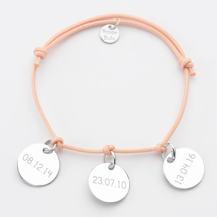 Bracelet personnalisé 3 médailles gravées argent 15 mm texte
