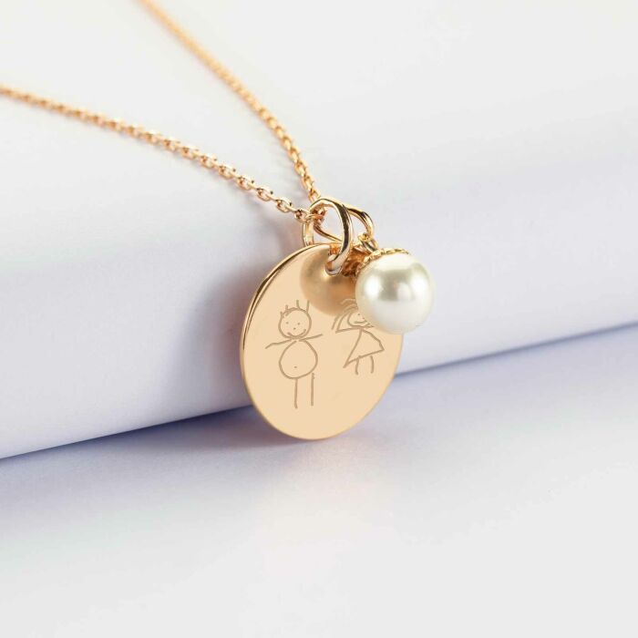 Pendentif personnalisé médaille gravée plaqué or 19 mm et breloque perle nacre 10 mm - dessin