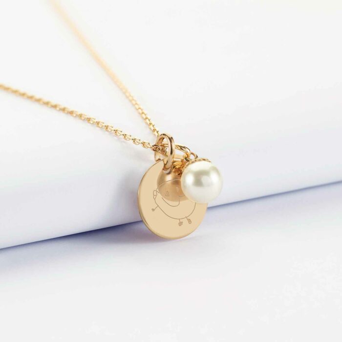 Pendentif personnalisé médaille gravée plaqué or 15 mm et breloque perle nacre 10 mm - dessin