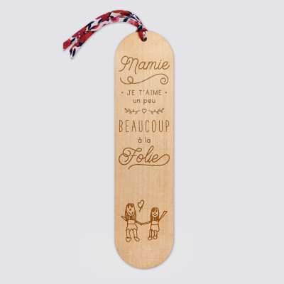 Marque page personnalisé bois gravé avec cordon liberty - édition spéciale "Mamie je t'aime" - dessin 2